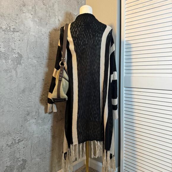 Boho Cream & Black Striped Cardigan with fringe detailing - Picture 7 of 8